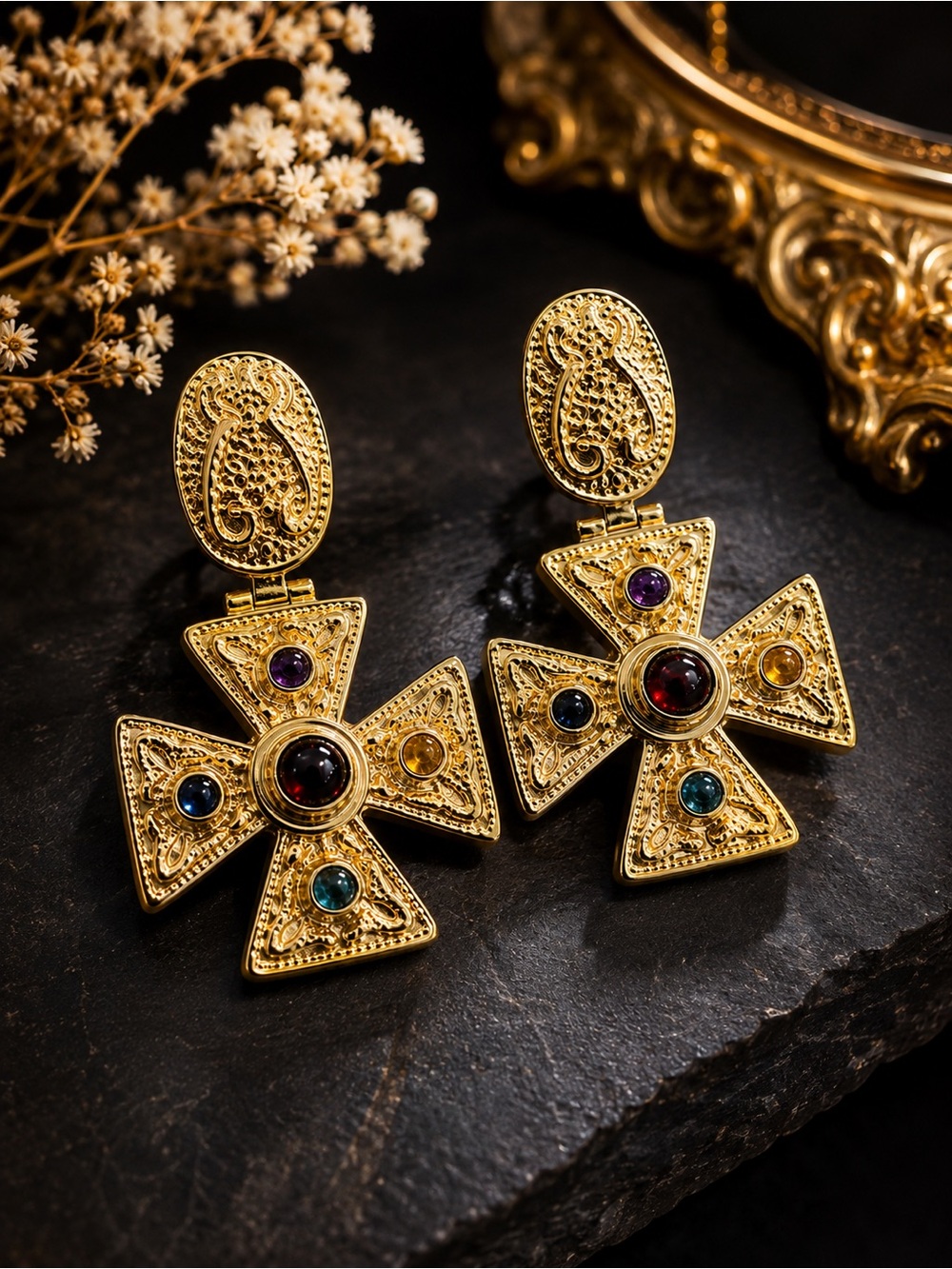 RARE 14k YELLOW GOLD ITALY GREEK CROSS EARRINGS OMEGA BACKS COLORED STONES